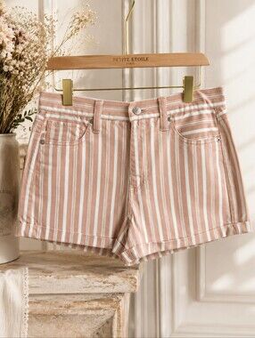 American Eagle Pink & White Striped Denim Shorts | High Rise | Cuffed Hem